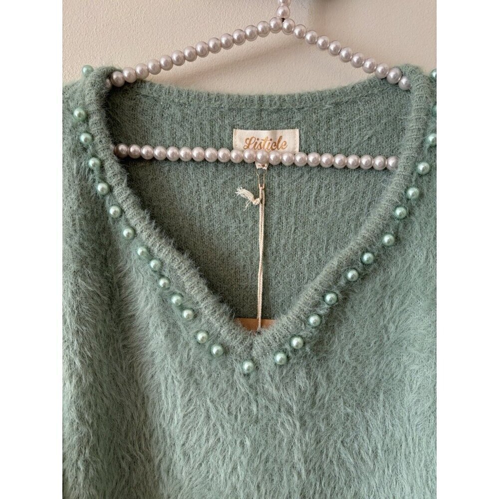 Nwt Listicle Womens Size S Green Fuzzy Sweater Beaded Trim — image 2 of 7
